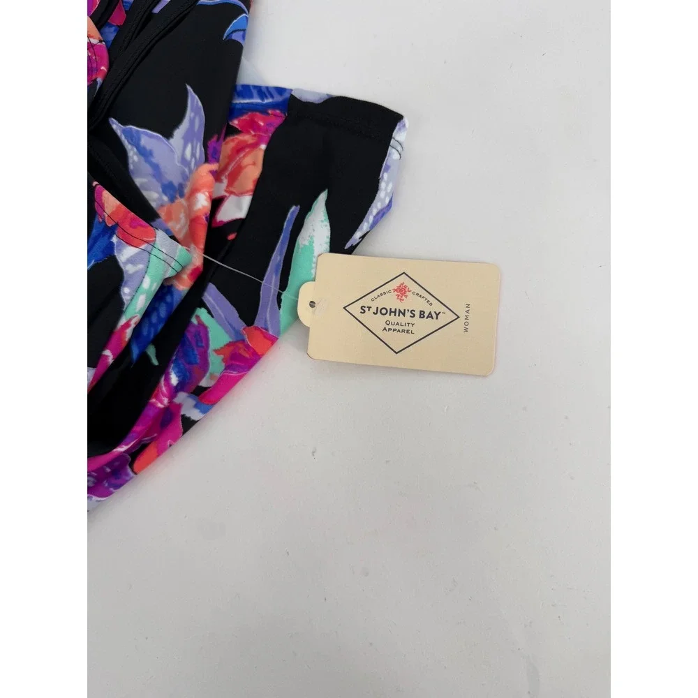 St John's Bay Sz 18W‎ Black Tropical Floral V-Neck Tankini Swim Top Women's $54